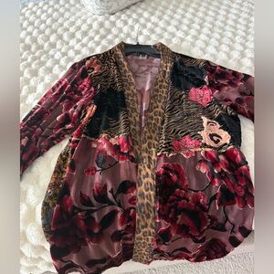 Velvet Floral & Leopard Open Cardigan - Wine, Red, Black ONE SIZE L-XL